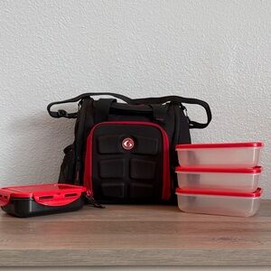 Six Pack Fitness Black and Red Meal Prep Bag with Containers
